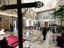 Pope Francis meets with members of the Meter association in the Vatican’s Clementine Hall, May 15, 2021.